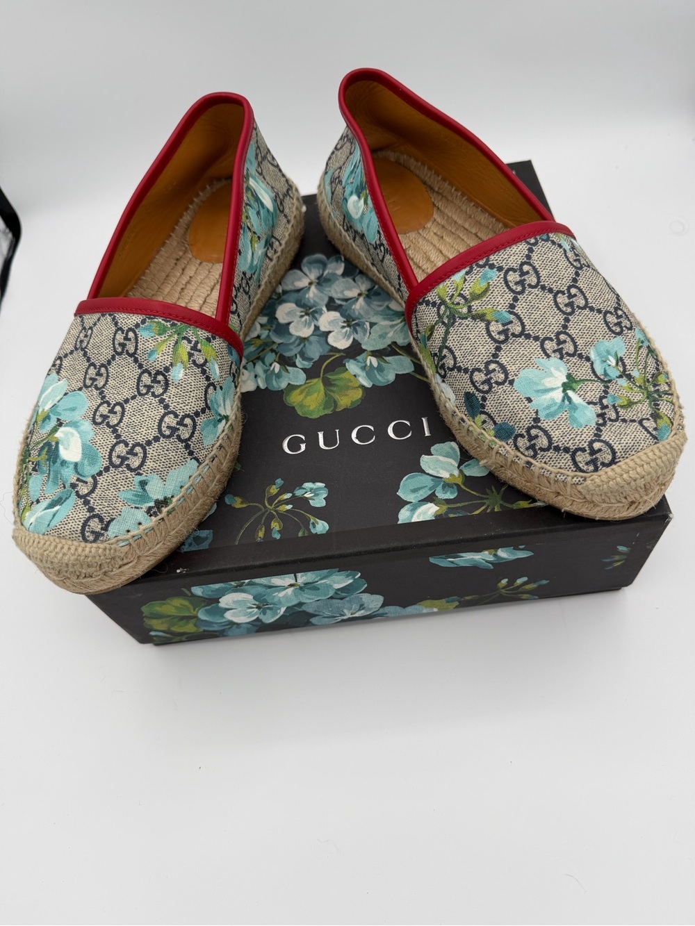 Gucci Women’s Floral GG Canvas Espadrilles with Red Trim